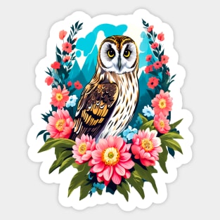 A Cute Short Eared Owl Surrounded by Bold Vibrant Spring Flowers Sticker